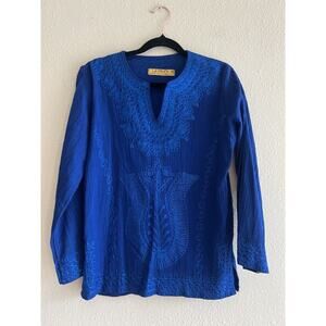 Uzman 100% Cotton Long Sleeve Royal Blue‎ Embroidered Top Size Small Boho Artsy